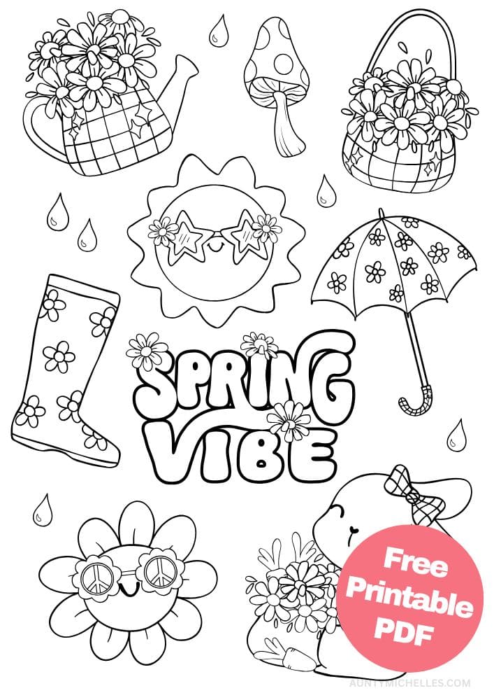 Free Printable Easter Coloring Pages for Kids colouring book sheets pdf printables watering can mushroom basket flowers sun glasses rainboot umbrella bunny spring vibes 9