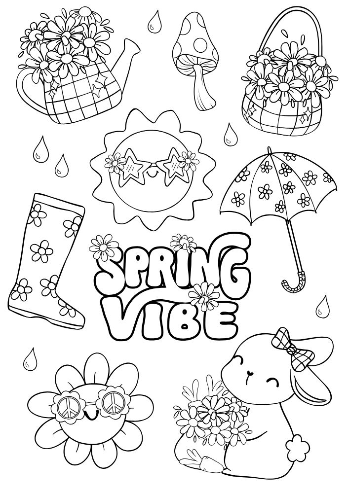 Free Printable Easter Coloring Pages for Kids colouring book sheets pdf printables watering can mushroom basket flowers sun glasses rainboot umbrella bunny spring vibes 9