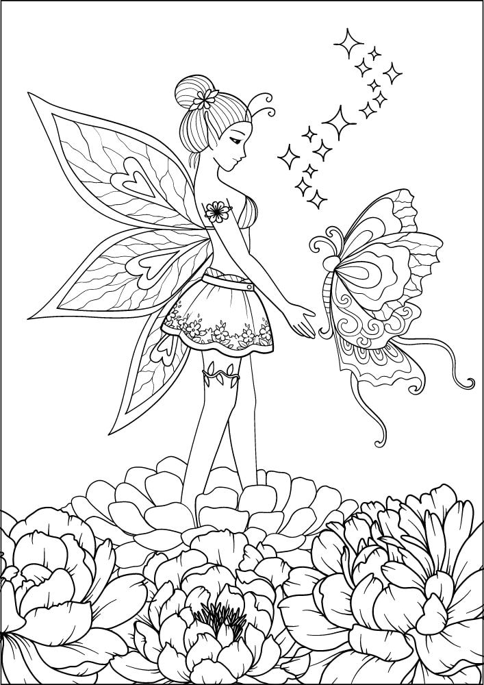 Free Printable Fairy Coloring Pages Colouring Book sheets adult kids download pdf printables butterfly magic flowers peony 16 sprite pixie nymph