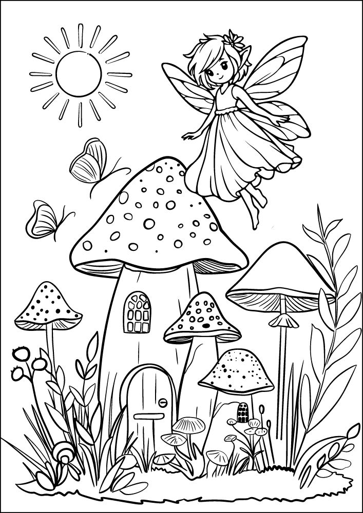 Free Printable Fairy Coloring Pages Colouring Book sheets adult kids download pdf printables cute mushroom fairy house sun butterfly garden 5 sprite pixie nymph