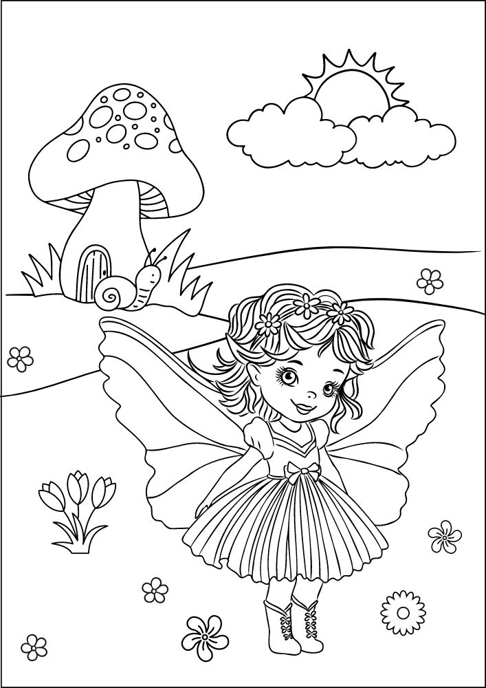 Free Printable Fairy Coloring Pages Colouring Book sheets adult kids download pdf printables cute mushroom house snail sun flowers 17 sprite pixie nymph