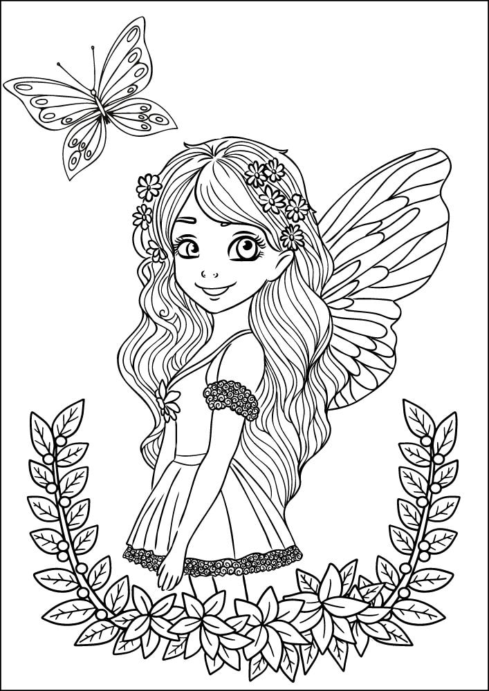 Free Printable Fairy Coloring Pages Colouring Book sheets adult kids download pdf printables fairy floral leaves butterfly 13 sprite pixie nymph