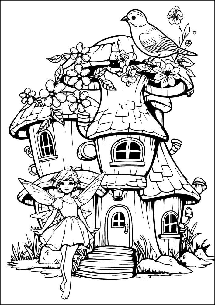 Free Printable Fairy Coloring Pages Colouring Book sheets adult kids download pdf printables fairy house bird flowers sparrow 6 sprite pixie nymph