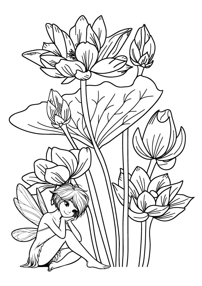 Free Printable Fairy Coloring Pages Colouring Book sheets adult kids download pdf printables flower garden waterlily1 sprite pixie nymph