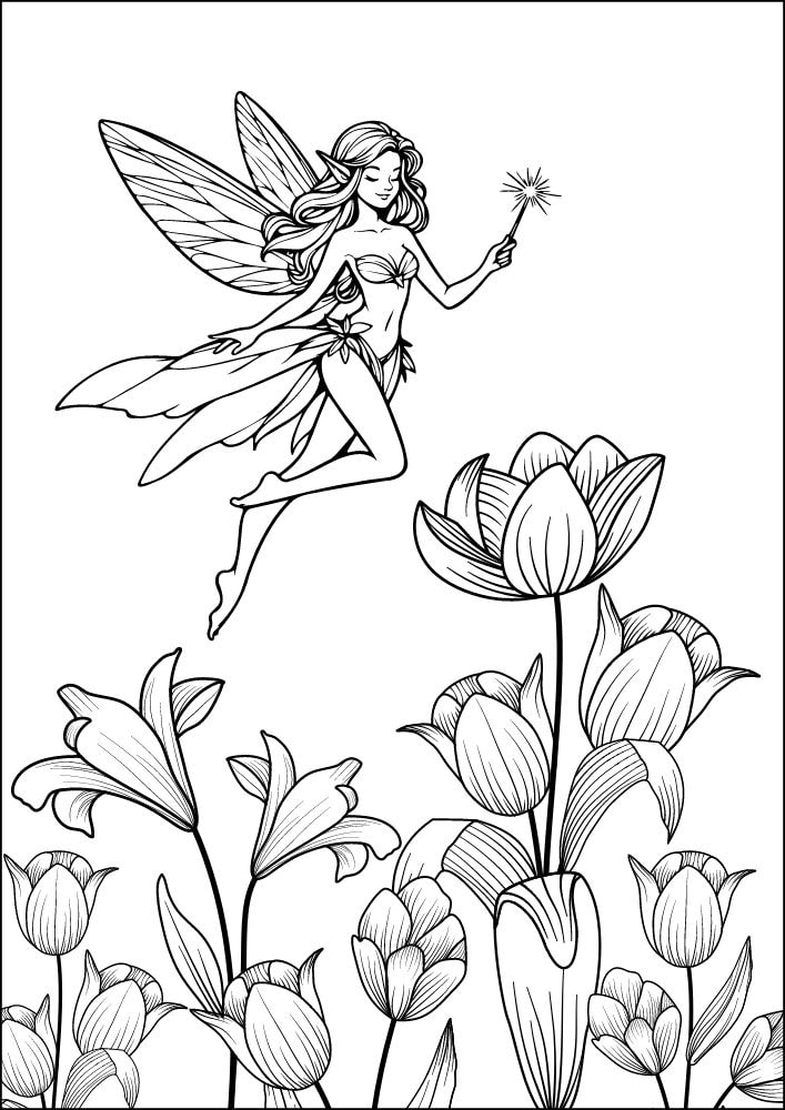 Free Printable Fairy Coloring Pages Colouring Book sheets adult kids download pdf printables flowers garden tulip 4 sprite pixie nymph