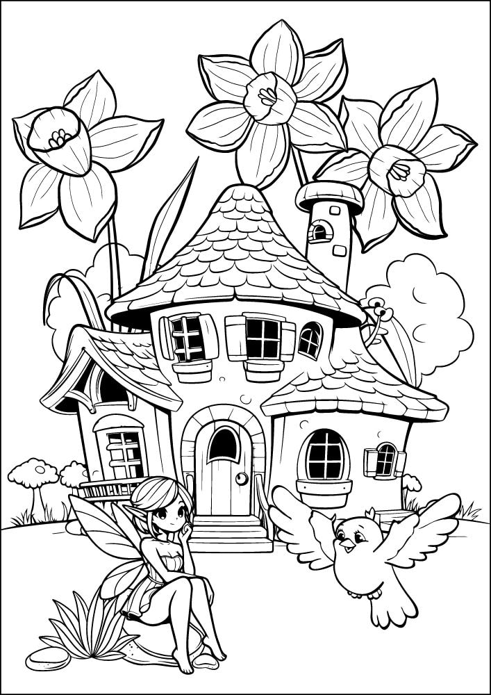 Free Printable Fairy Coloring Pages Colouring Book sheets adult kids download pdf printables house daffodil flower garden bird 14 sprite pixie nymph