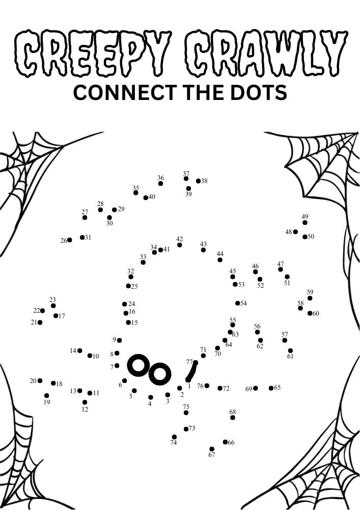 Free Printable Halloween Activities for Kids Games Puzzles Problem Solving Creepy Crawly Crawler Connect the Dots Dot to Dot Spider Web