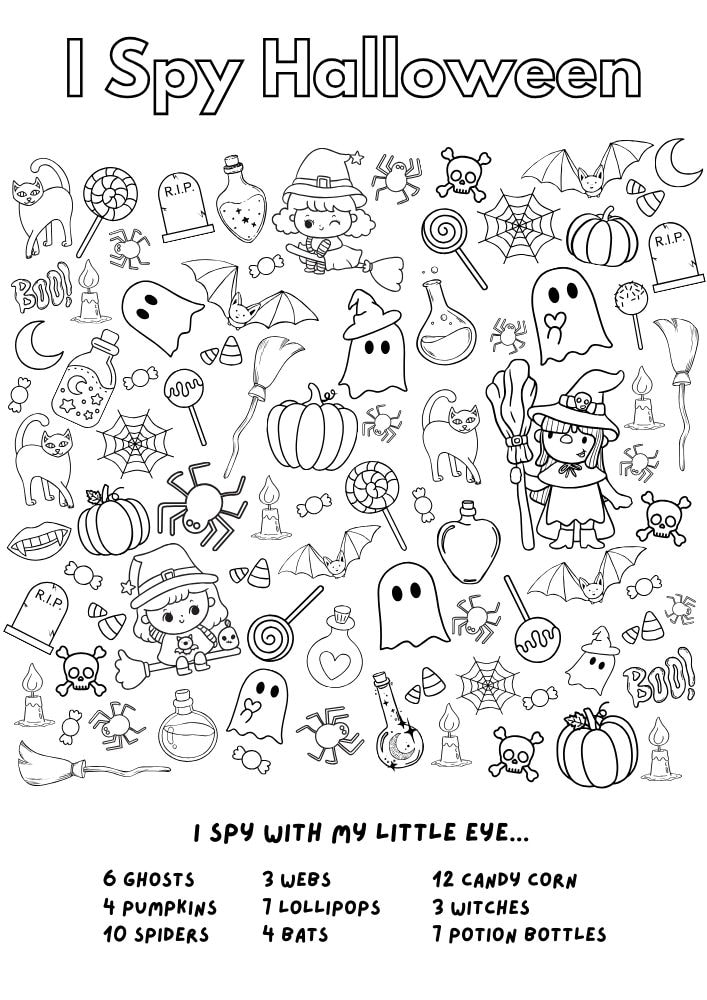 Free Printable Halloween Activities for Kids Games Puzzles Problem Solving I Spy pumkpin ghost witch candy