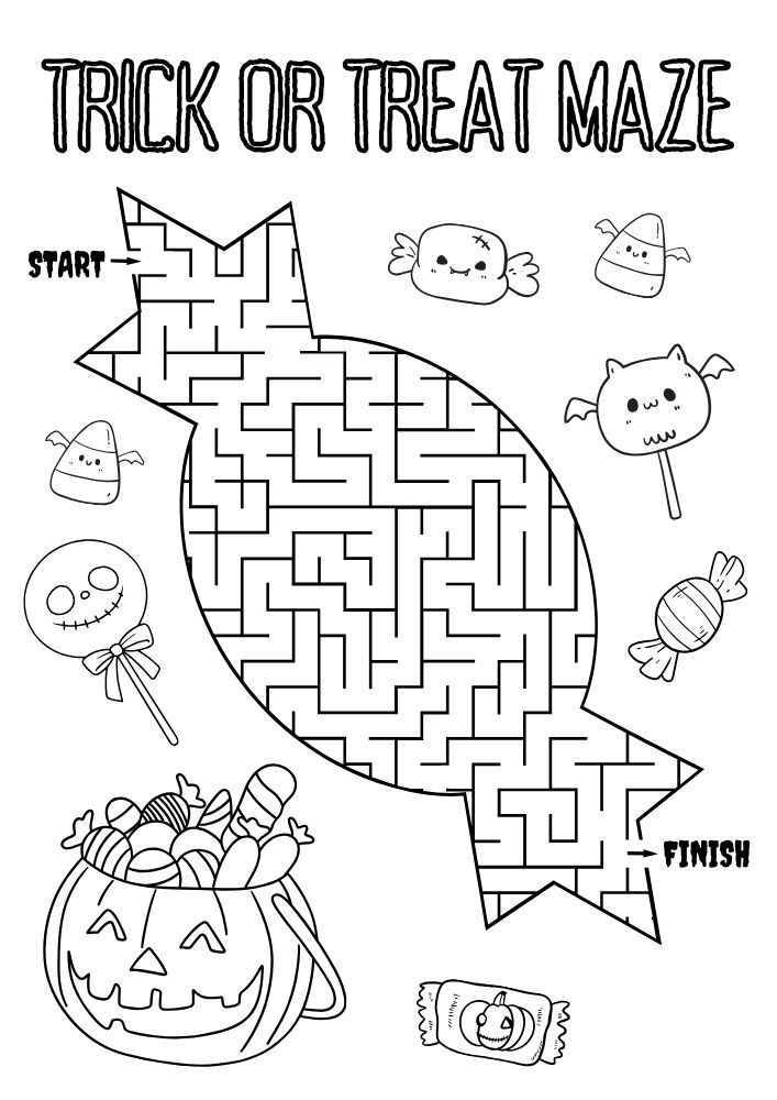 Free Printable Halloween Activities for Kids Games Puzzles Problem Solving Trick or Treat Candy Maze