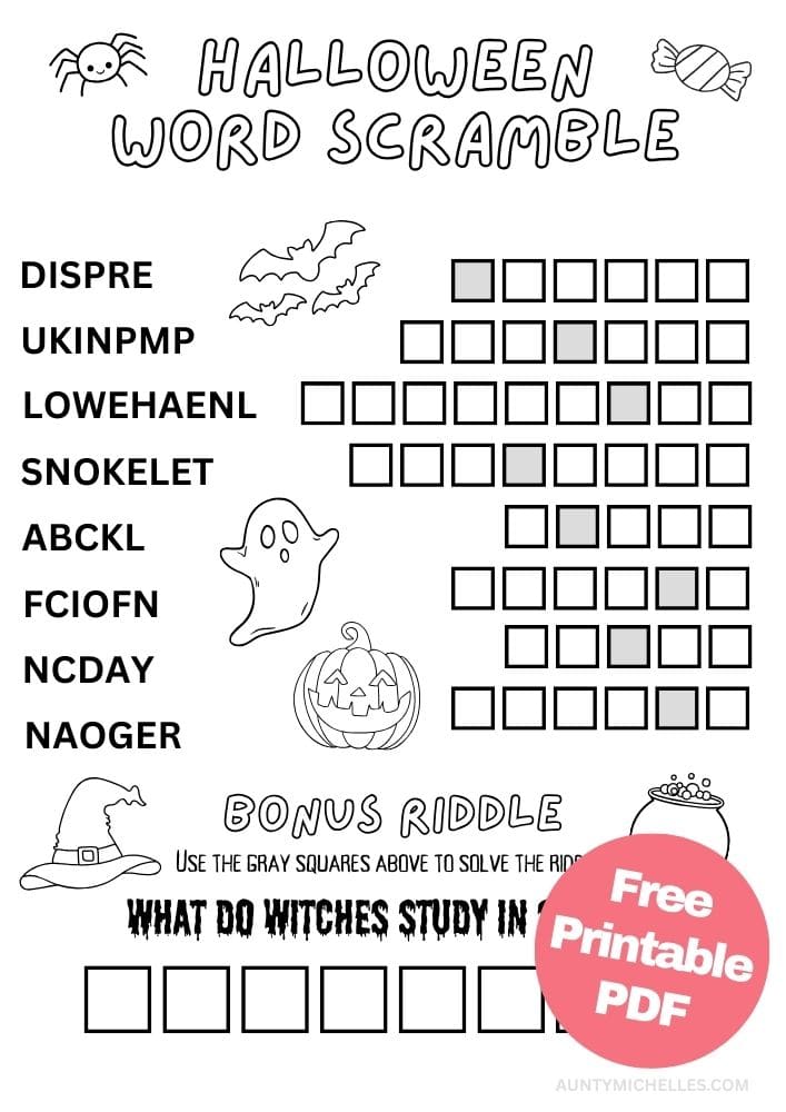 Free Printable Halloween Word Scramble for Kids