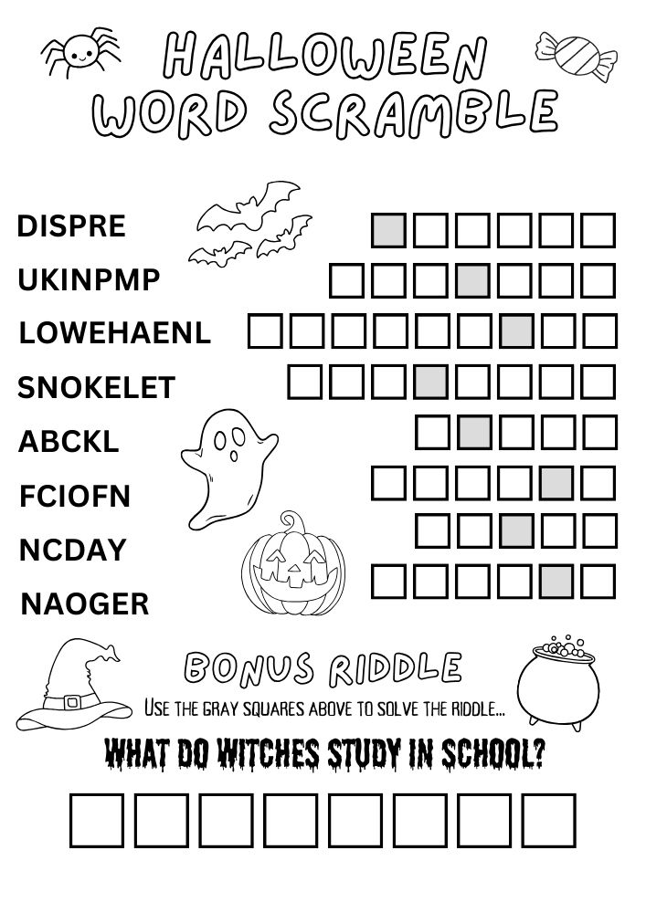 Free Printable Halloween Activities for Kids Games Puzzles Problem Solving Word Scramble