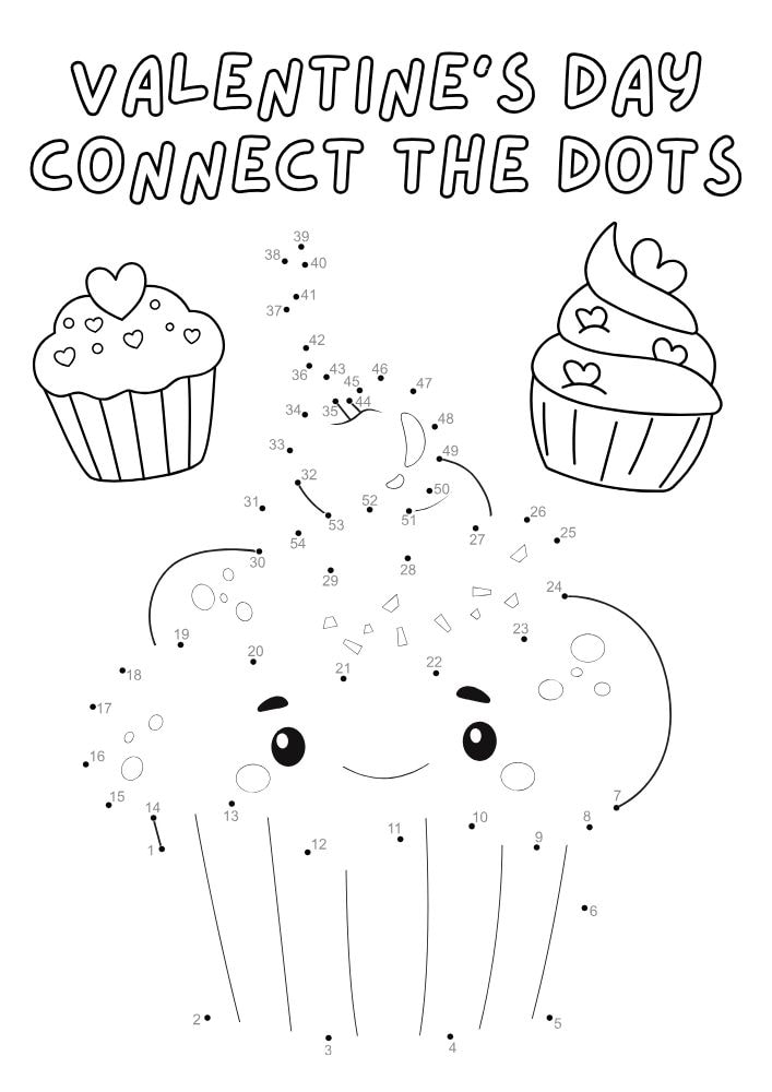 Free Printable Valentine's Day Games for Kids Activities Printables PDF Download Love Hearts Valentine Valentines Coloring Pages Connect the Dots Dot to Dot Cupcake