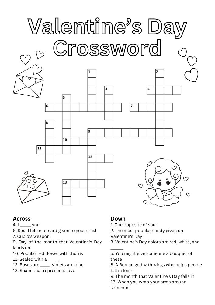 Free Printable Valentine's Day Games for Kids Activities Printables PDF Download Love Hearts Crossword Valentine Valentines Coloring Pages