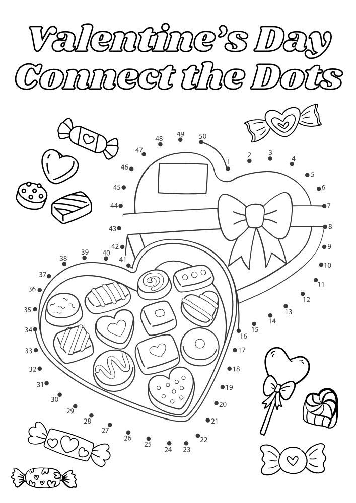 Free Printable Valentine's Day Games for Kids Activities Printables PDF Download Love Hearts Dot to Dot Connect the Dots Box of chocolate Valentine Valentines Coloring Pages