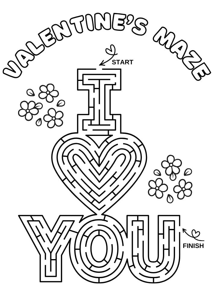 Free Printable Valentine's Day Games for Kids Activities Printables PDF Download Love Hearts I heart you maze Valentine Valentines Coloring Pages