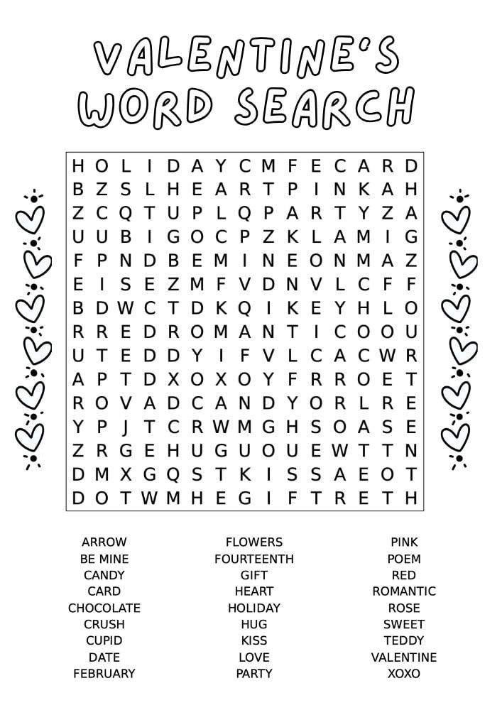 Free Printable Valentine's Day Games for Kids Activities Printables PDF Download Love Hearts Word Search Valentine Valentines Coloring Pages