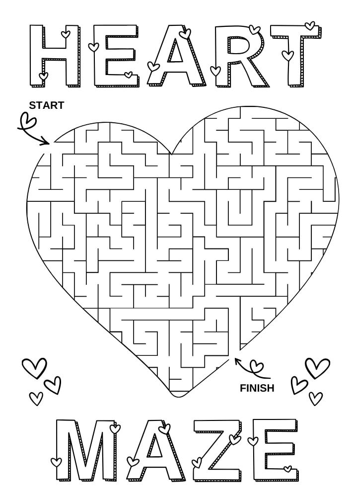 Free Printable Valentine's Day Games for Kids Activities Printables PDF Download Love Hearts heart maze Valentine Valentines Coloring Pages