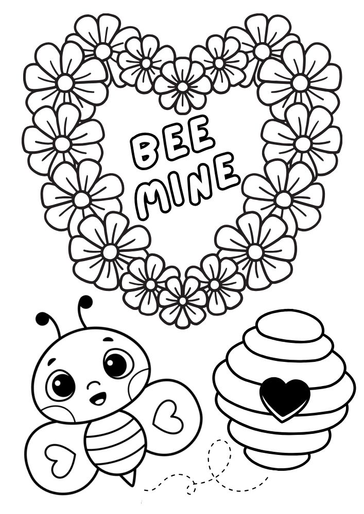 Free Valentine's Day Printable Coloring Pages for Kids V Day Colouring Book love hearts bee mine flowers bee