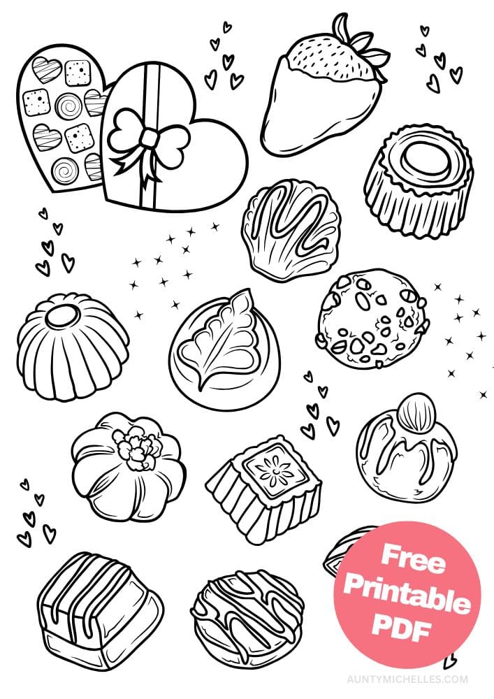 Free Valentine's Day Printable Coloring Pages for Kids V Day Colouring Book love hearts box of candy chocolates fancy strawberry