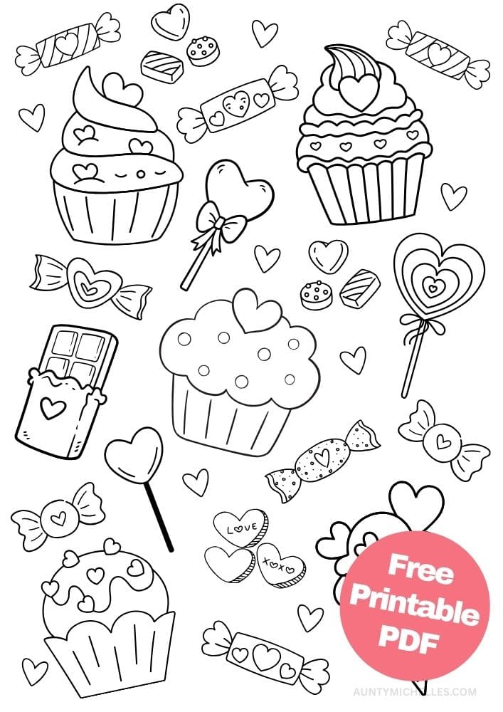 Free Valentine's Day Printable Coloring Pages for Kids V Day Colouring Book love hearts cupcakes candy ice cream icecream chocolate