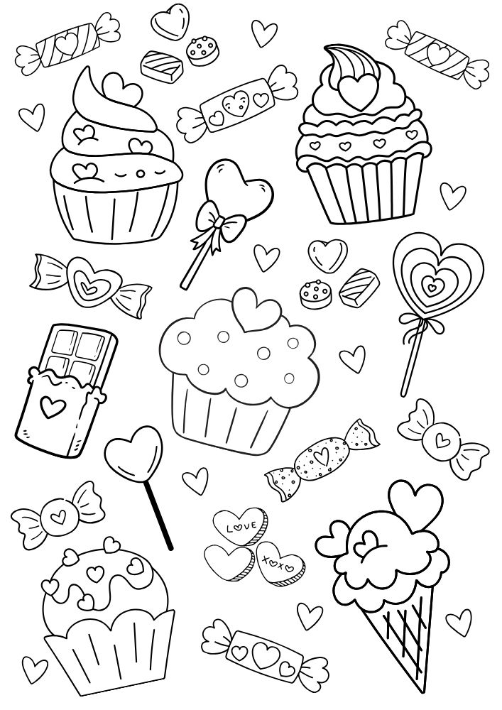 Free Valentine's Day Printable Coloring Pages for Kids V Day Colouring Book love hearts cupcakes candy ice cream icecream chocolate