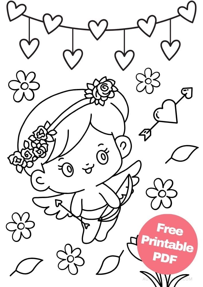 Free Valentine's Day Printable Coloring Pages for Kids V Day Colouring Book love hearts cupid arrow flowers