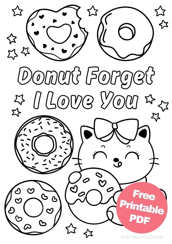 Free Valentine's Day Printable Coloring Pages for Kids V Day Colouring Book love hearts donut forget i love you cat donuts doughnuts