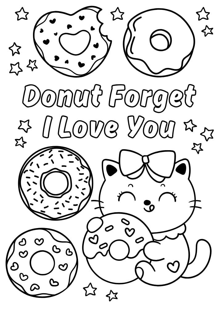 Free Valentine's Day Printable Coloring Pages for Kids V Day Colouring Book love hearts donut forget i love you cat donuts doughnuts