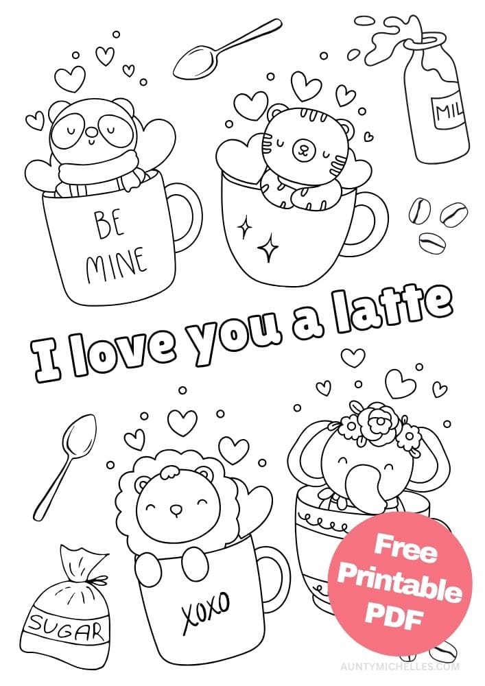 Free Valentine's Day Printable Coloring Pages for Kids V Day Colouring Book love hearts i love you a latte coffee sugar milk