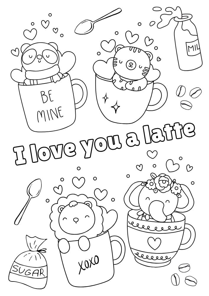 Free Valentine's Day Printable Coloring Pages for Kids V Day Colouring Book love hearts i love you a latte coffee sugar milk