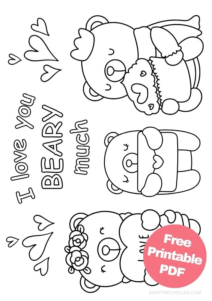 Free Valentine's Day Printable Coloring Pages for Kids V Day Colouring Book love hearts i love you beary much bears family