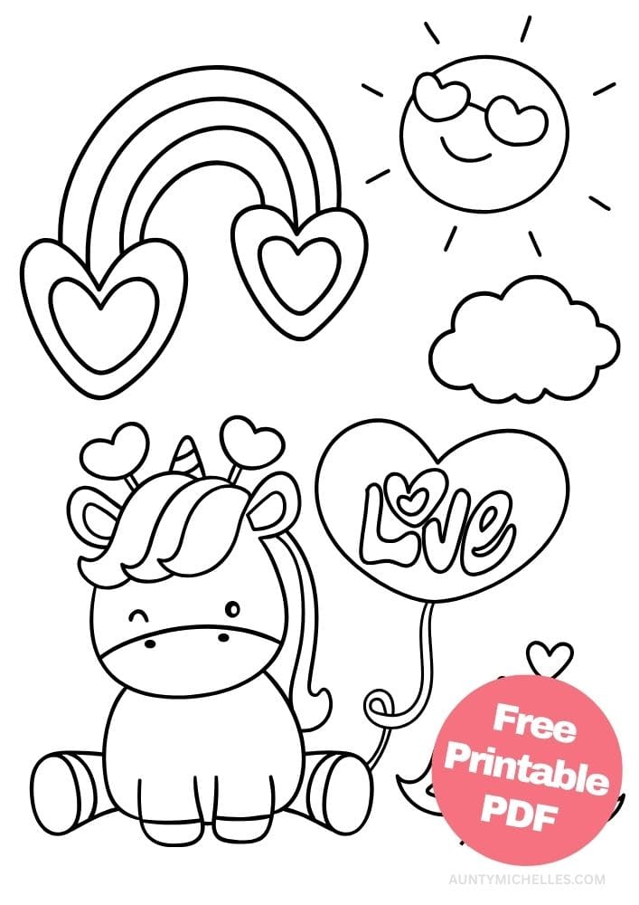 Free Valentine's Day Printable Coloring Pages for Kids V Day Colouring Book love hearts unicorn rainbow balloon sun love birds