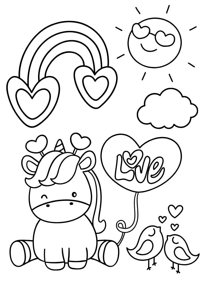 Free Valentine's Day Printable Coloring Pages for Kids V Day Colouring Book love hearts unicorn rainbow balloon sun love birds