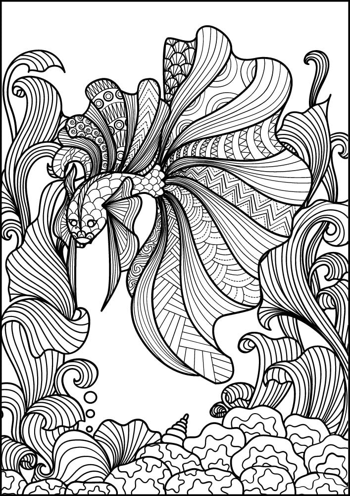 Free ocean animals coloring pages for adults printables colouring book pdf download sea life aquatic 1 mandala beta fish coral reef