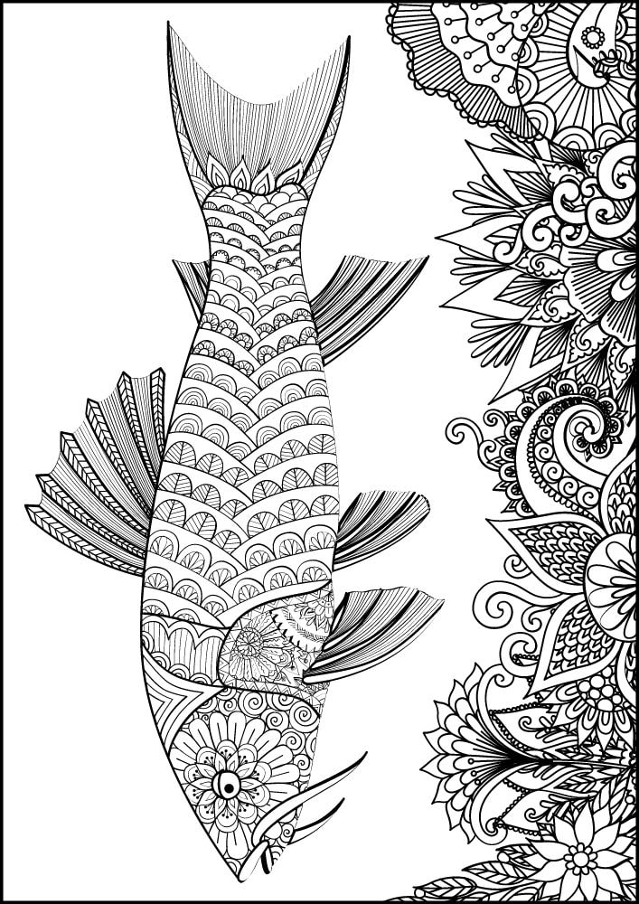 Free ocean animals coloring pages for adults printables colouring book pdf download sea life aquatic 11 mandala bass fish cat fish coral reef flowaers floral