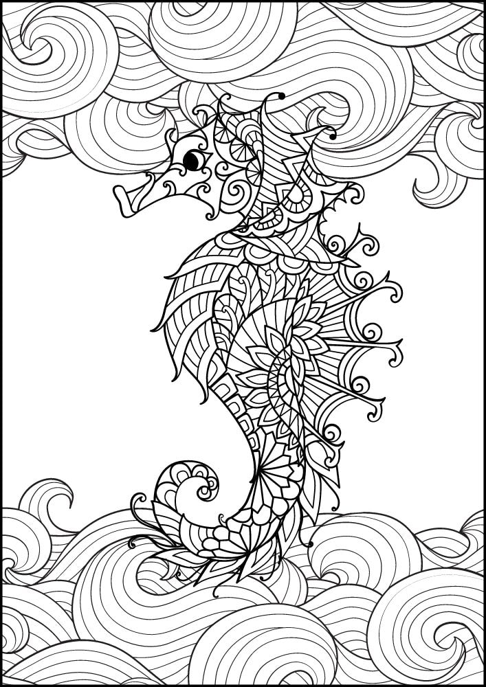 Free ocean animals coloring pages for adults printables colouring book pdf download sea life aquatic 14 mandala seahorse waves