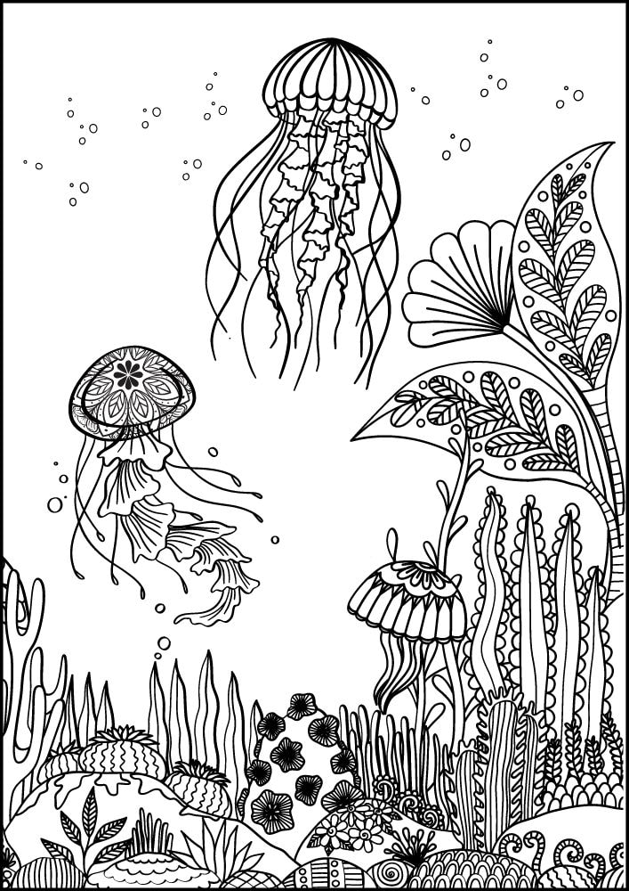 Free ocean animals coloring pages for adults printables colouring book pdf download sea life aquatic 15 mandala jelly fish coral reef plants bubbles