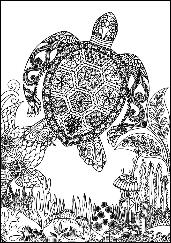 Free ocean animals coloring pages for adults printables colouring book pdf download sea life aquatic 5 mandala sea turtle jelly fish coral plants reef