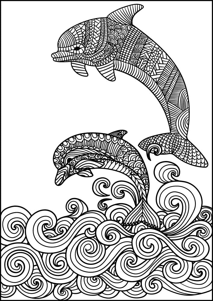 Free ocean animals coloring pages for adults printables colouring book pdf download sea life aquatic 7 mandala dolphin jumping waves