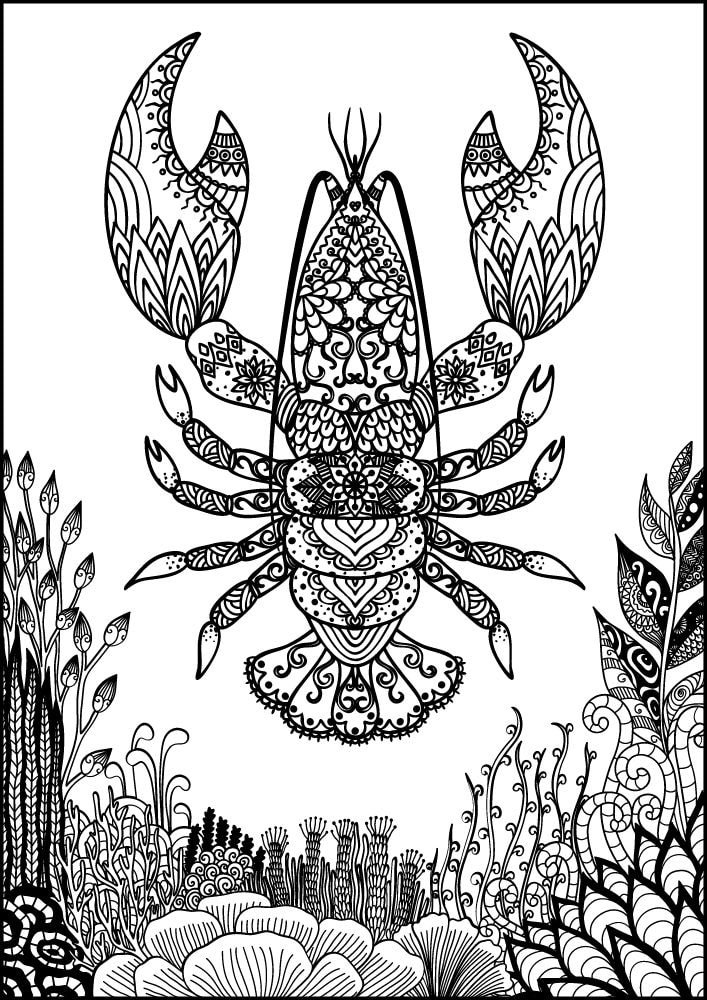 Free ocean animals coloring pages for adults printables colouring book pdf download sea life aquatic 9 mandala lobster coral reef plants