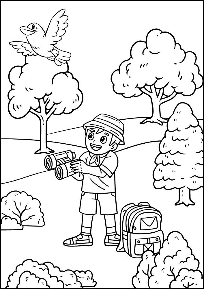 Free printable camping coloring pages for kids printables coloring sheets camper download colouring book camp summer activities trip vacation outdoors nature bird watching binoculars trees bushes