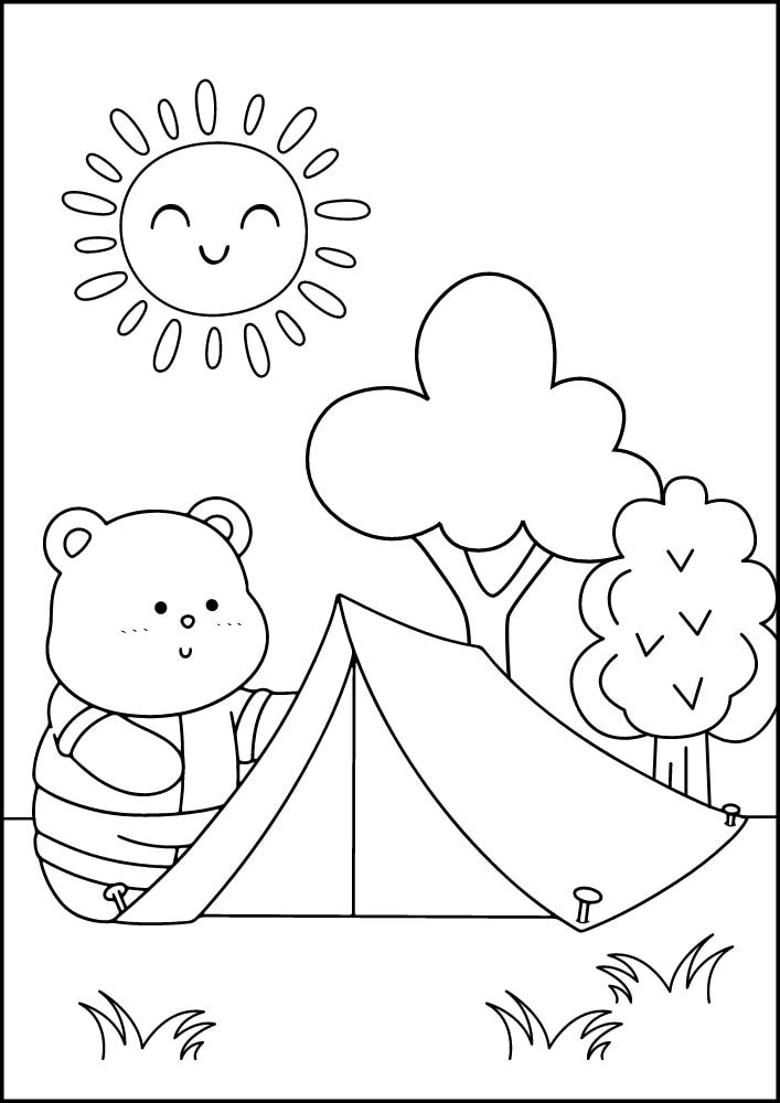 Free printable camping coloring pages for kids printables coloring sheets camper download colouring book camp summer activities trip vacation outdoors nature cute bear tent trees sun grass campsite