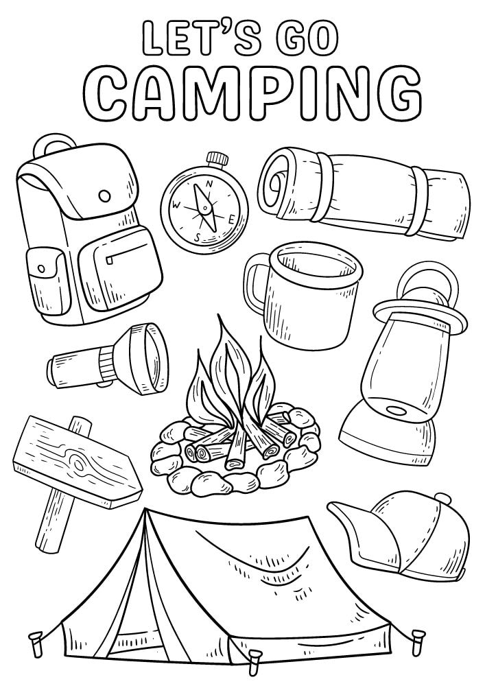 Free printable camping coloring pages for kids printables coloring sheets camper download colouring book camp summer activities trip vacation packing list tent fire campfire sleeping bag compass