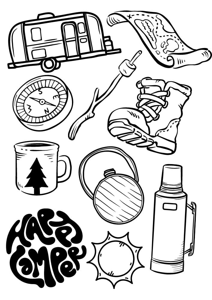 Free printable camping coloring pages for kids printables coloring sheets camper download colouring book camp summer activities trip vacation trailer rv camper map thermos happy camper compass