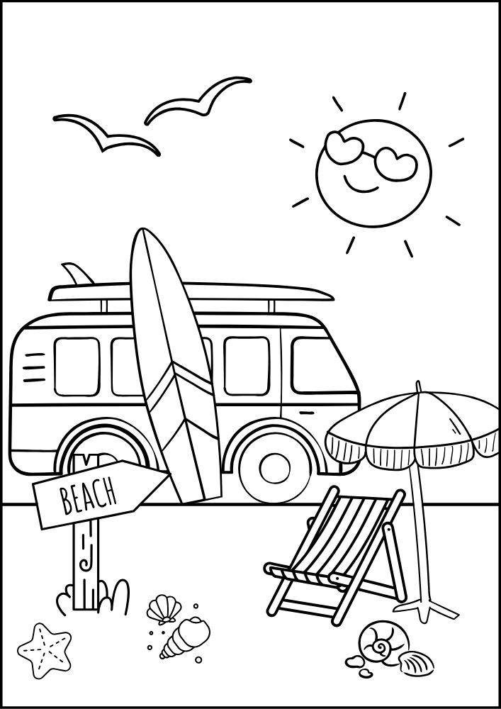 Free printable roadtrip road trip coloring pages for kids printables coloring sheets download colouring book family vacation beach camper rv sprinter van sun birds seashells surfboard surfer