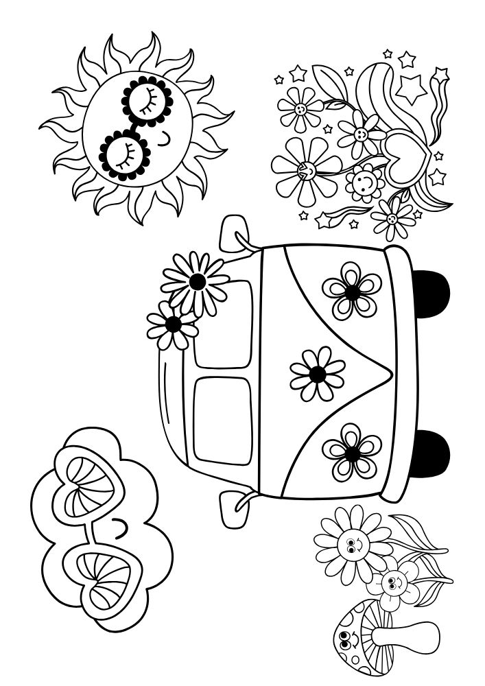 Free printable roadtrip road trip coloring pages for kids printables coloring sheets pdf download colouring book family vacation 70s vibe vw sprinter van flowers hearts far out mushroom sun 13