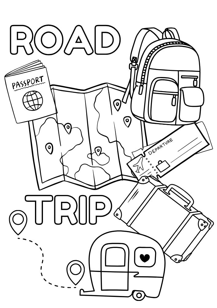 Free printable roadtrip road trip coloring pages for kids printables coloring sheets pdf download colouring book family vacation backpack map passport europe flight suitcase camper 8