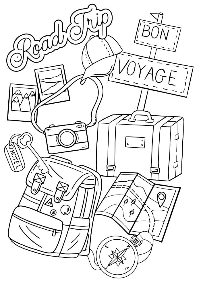 Free printable roadtrip road trip coloring pages for kids printables coloring sheets pdf download colouring book family vacation bon voyage backpack suitcase map compass camera polaroids key 10