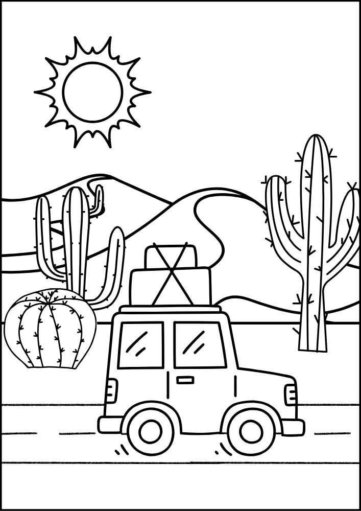 Free printable roadtrip road trip coloring pages for kids printables coloring sheets pdf download colouring book family vacation car luggage desert cactus sun drive driving 1