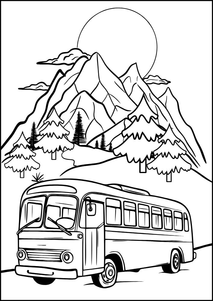 Free printable roadtrip road trip coloring pages for kids printables coloring sheets pdf download colouring book family vacation colorado mountain pine bus forest rv camper sprinter van moon 9